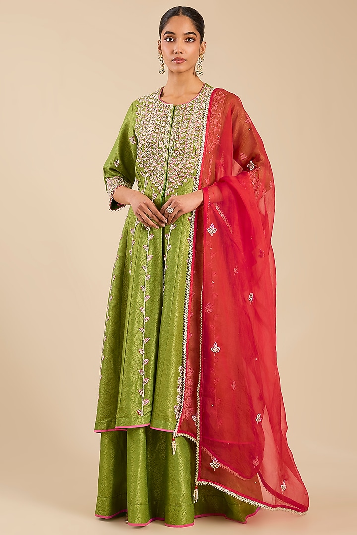 Citron Green Banarasi Silk Wedding Sharara Set by Shyam Narayan Prasad at Pernia's Pop Up Shop