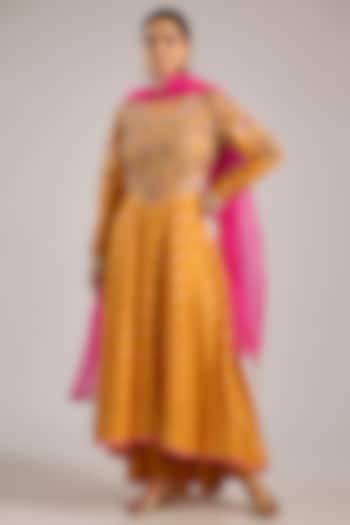 Apricot Yellow Banarasi Brocade Zardosi Embroidered Wedding Anarkali Set by Shyam Narayan Prasad at Pernia's Pop Up Shop