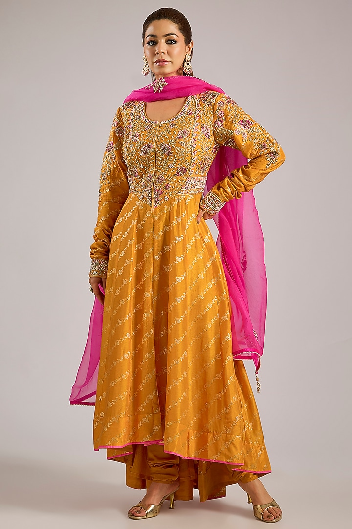 Apricot Yellow Banarasi Brocade Zardosi Embroidered Wedding Anarkali Set by Shyam Narayan Prasad at Pernia's Pop Up Shop