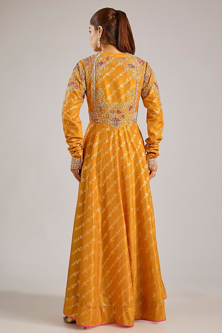 Apricot Yellow Banarasi Brocade Zardosi Embroidered Wedding Anarkali Set by Shyam Narayan Prasad at Pernia's Pop Up Shop