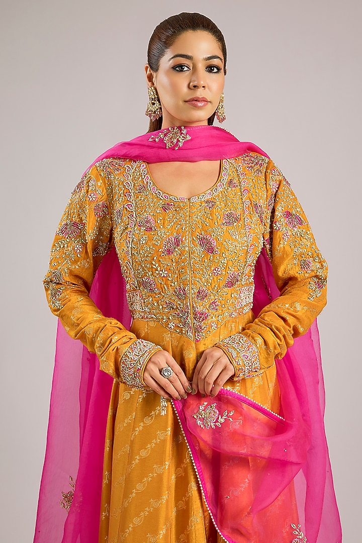 Apricot Yellow Banarasi Brocade Zardosi Embroidered Wedding Anarkali Set by Shyam Narayan Prasad at Pernia's Pop Up Shop