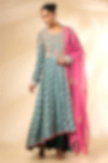 Storm Blue Banarasi Brocade Wedding Anarkali Set by Shyam Narayan Prasad at Pernia's Pop Up Shop