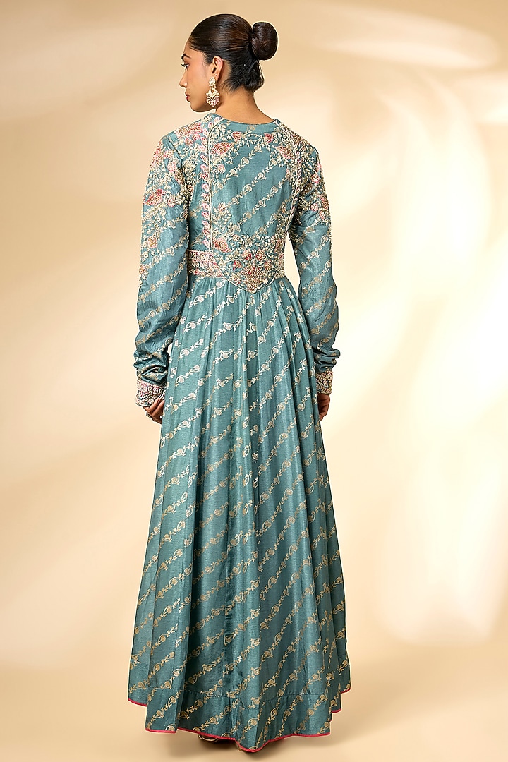 Storm Blue Banarasi Brocade Wedding Anarkali Set by Shyam Narayan Prasad at Pernia's Pop Up Shop