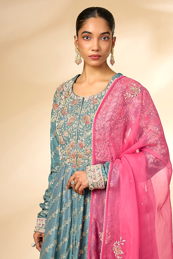 Storm Blue Banarasi Brocade Wedding Anarkali Set by Shyam Narayan Prasad at Pernia's Pop Up Shop