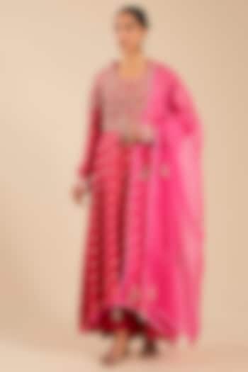 Hibiscus Pink Banarasi Brocade Zardosi Embroidered Wedding Anarkali Set by Shyam Narayan Prasad at Pernia's Pop Up Shop