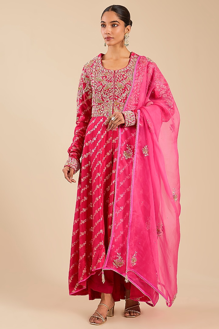 Hibiscus Pink Banarasi Brocade Zardosi Embroidered Wedding Anarkali Set by Shyam Narayan Prasad at Pernia's Pop Up Shop
