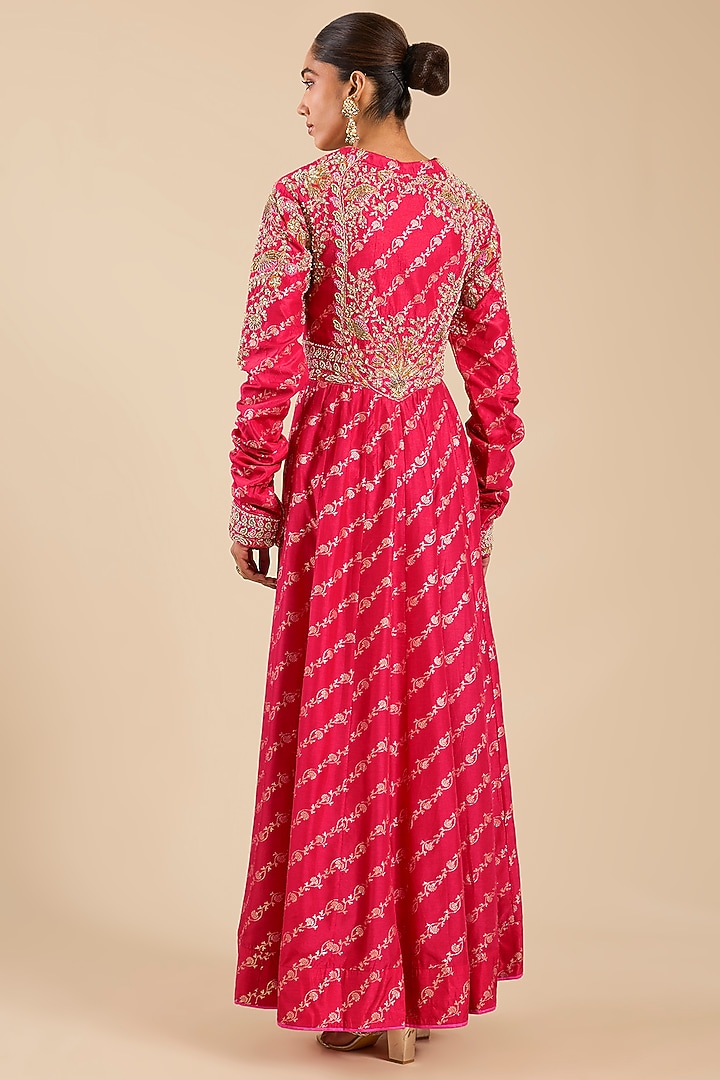 Hibiscus Pink Banarasi Brocade Zardosi Embroidered Wedding Anarkali Set by Shyam Narayan Prasad at Pernia's Pop Up Shop
