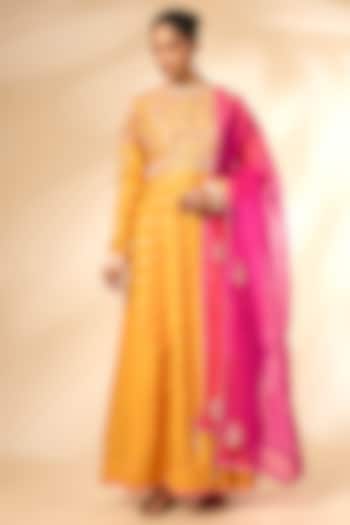 Apricot Yellow Banarasi Brocade Wedding Anarkali Set by Shyam Narayan Prasad at Pernia's Pop Up Shop