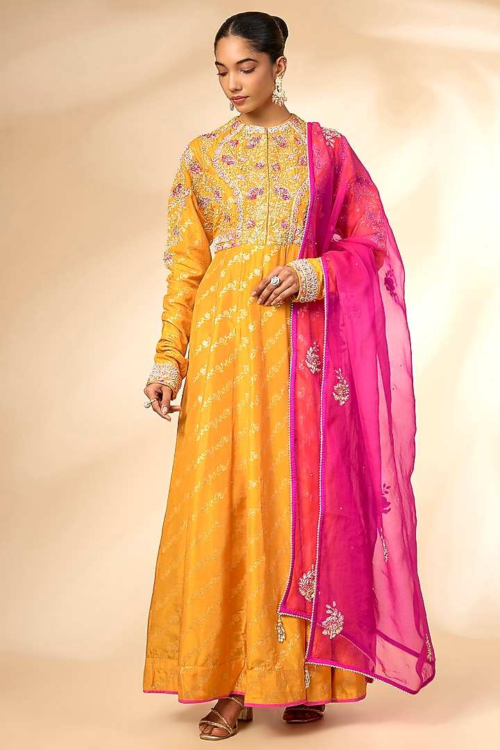Apricot Yellow Banarasi Brocade Wedding Anarkali Set by Shyam Narayan Prasad at Pernia's Pop Up Shop