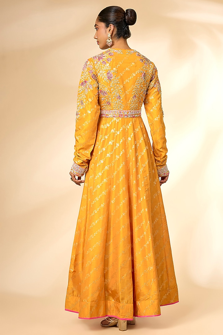 Apricot Yellow Banarasi Brocade Wedding Anarkali Set by Shyam Narayan Prasad at Pernia's Pop Up Shop
