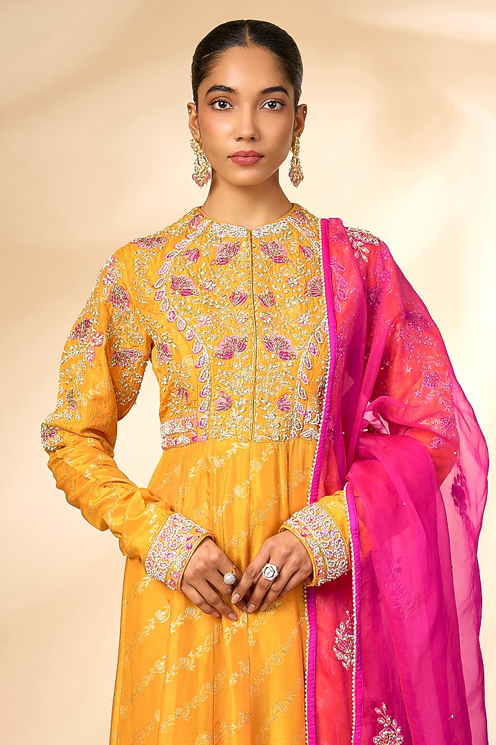Apricot Yellow Banarasi Brocade Wedding Anarkali Set by Shyam Narayan Prasad at Pernia's Pop Up Shop