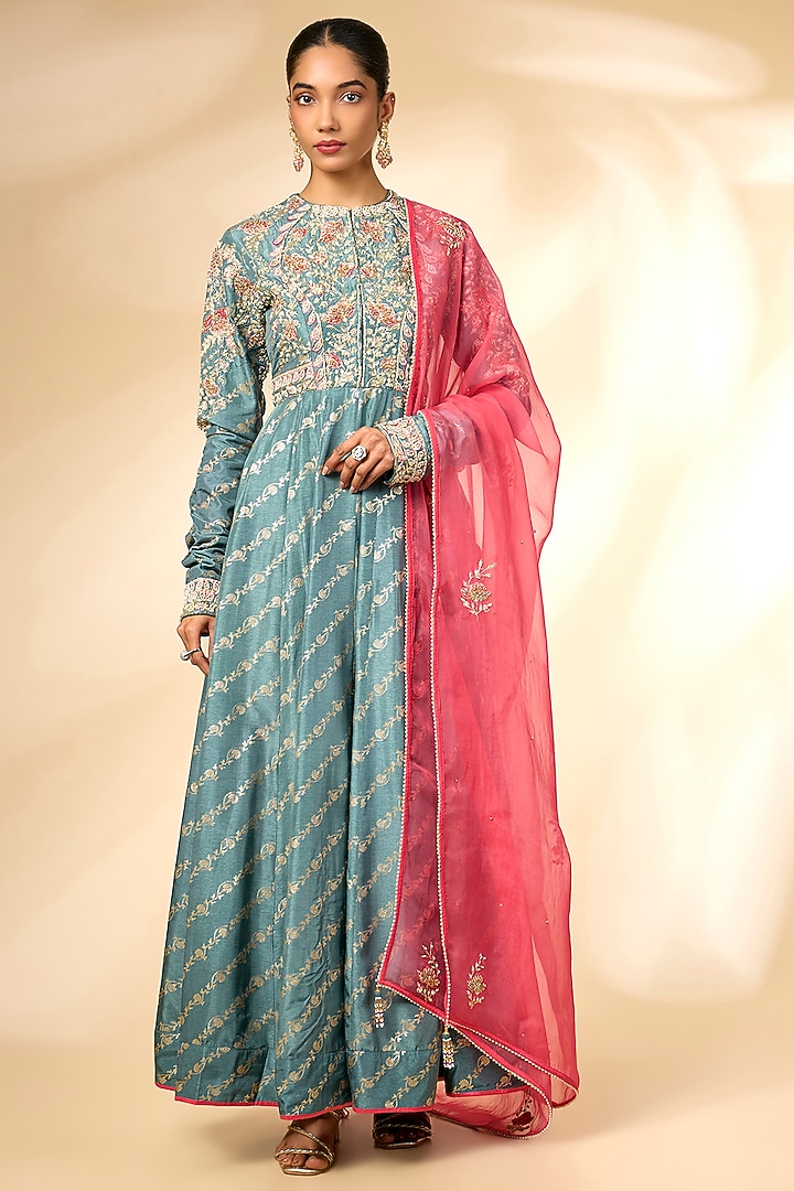 Storm Blue Banarasi Brocade Wedding Anarkali Set by Shyam Narayan Prasad at Pernia's Pop Up Shop