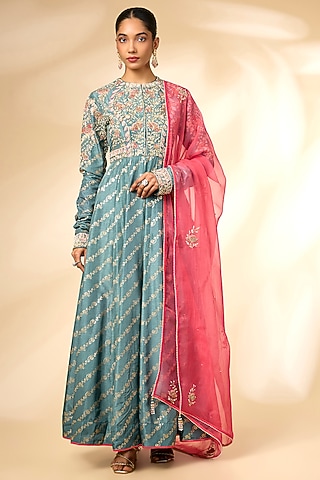 Storm Blue Banarasi Brocade Anarkali Set by Shyam Narayan Prasad