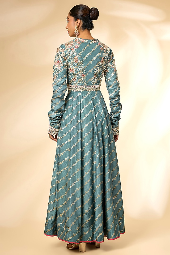 Storm Blue Banarasi Brocade Wedding Anarkali Set by Shyam Narayan Prasad at Pernia's Pop Up Shop