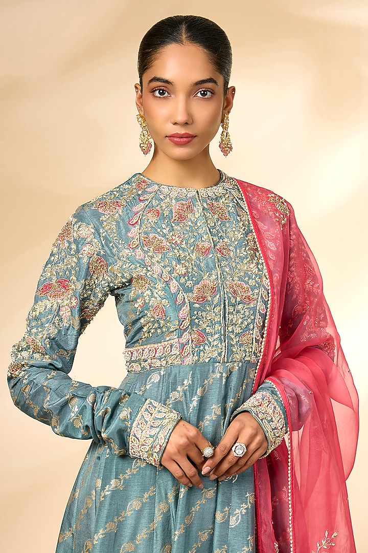 Storm Blue Banarasi Brocade Wedding Anarkali Set by Shyam Narayan Prasad at Pernia's Pop Up Shop
