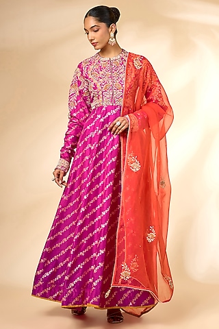 Rose Violet Banarasi Brocade Anarkali Set by Shyam Narayan Prasad