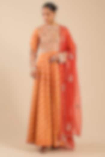 Golden Orange Banarasi Brocade Zardosi Embroidered Wedding Anarkali Set by Shyam Narayan Prasad at Pernia's Pop Up Shop