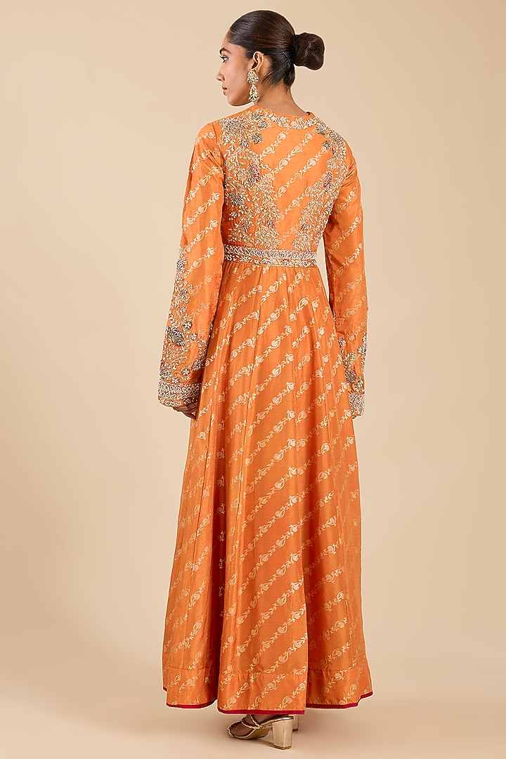 Golden Orange Banarasi Brocade Zardosi Embroidered Wedding Anarkali Set by Shyam Narayan Prasad at Pernia's Pop Up Shop