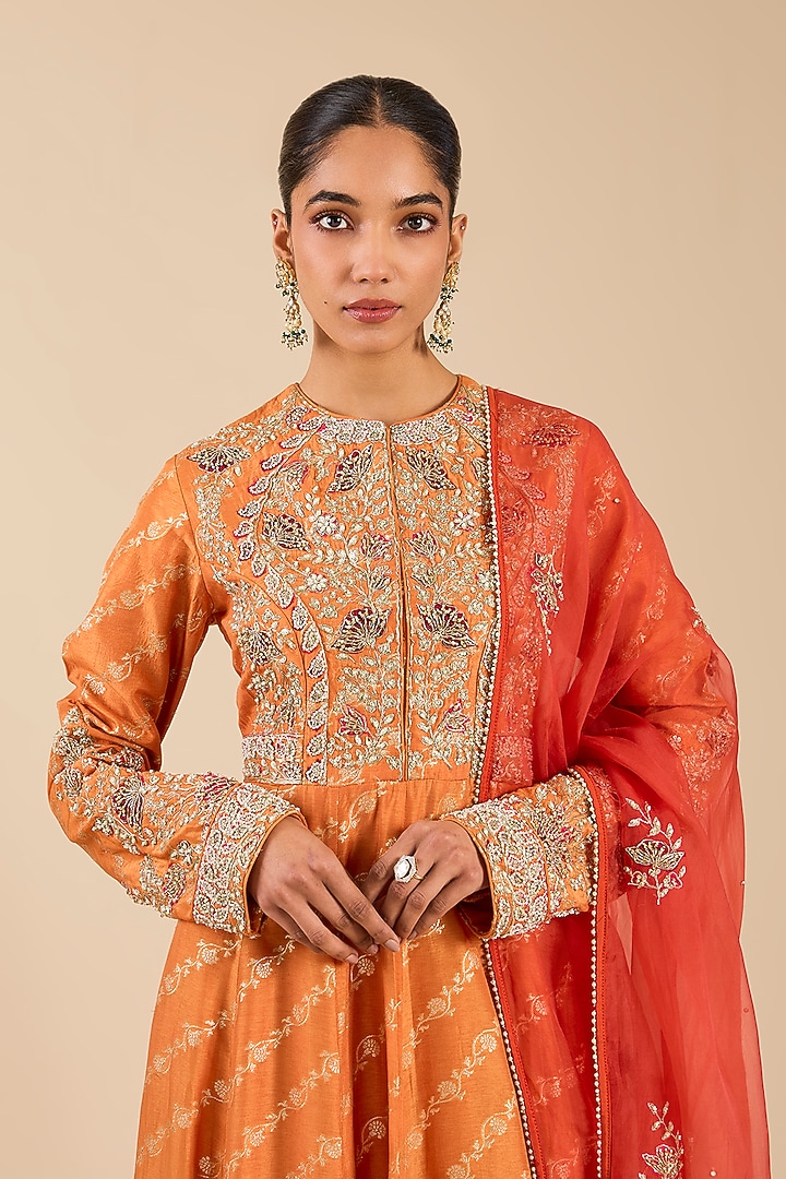 Golden Orange Banarasi Brocade Zardosi Embroidered Wedding Anarkali Set by Shyam Narayan Prasad at Pernia's Pop Up Shop