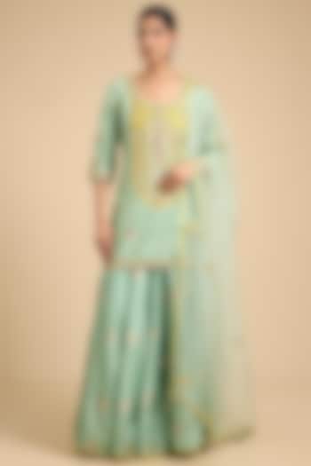 Mist Teal Green Silk Brocade Wedding Sharara Set by Shyam Narayan Prasad at Pernia's Pop Up Shop
