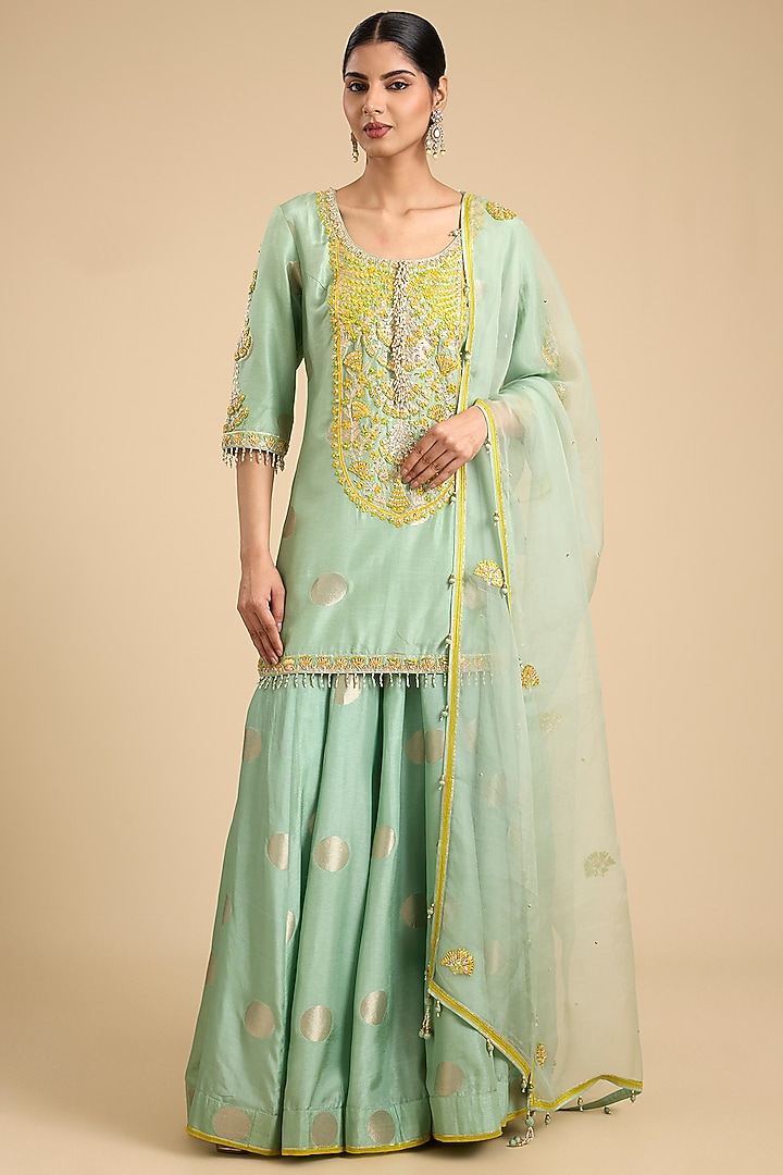 Mist Teal Green Silk Brocade Wedding Sharara Set by Shyam Narayan Prasad at Pernia's Pop Up Shop