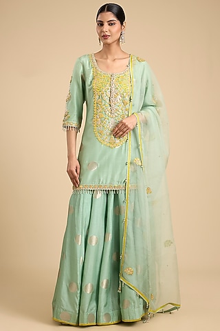Mist Teal Green Silk Brocade Sharara Set by Shyam Narayan Prasad