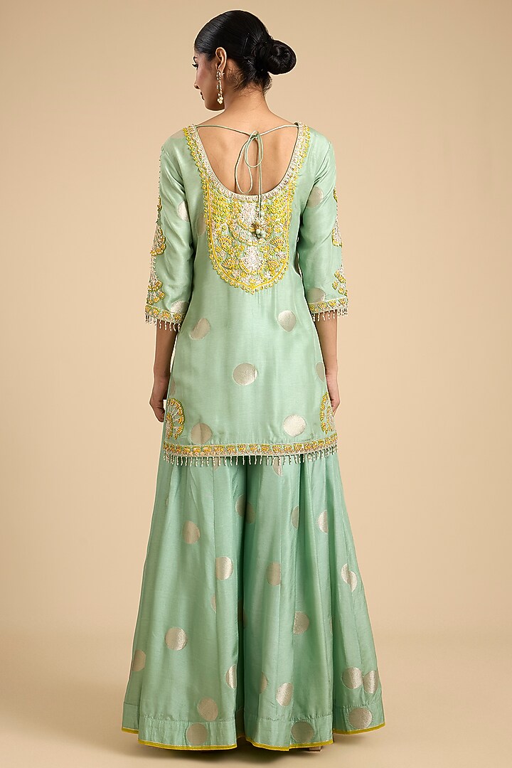 Mist Teal Green Silk Brocade Wedding Sharara Set by Shyam Narayan Prasad at Pernia's Pop Up Shop