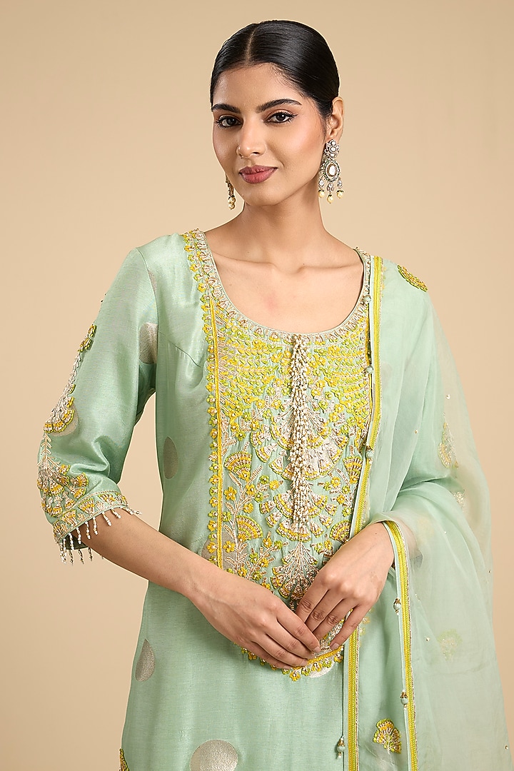 Mist Teal Green Silk Brocade Wedding Sharara Set by Shyam Narayan Prasad at Pernia's Pop Up Shop
