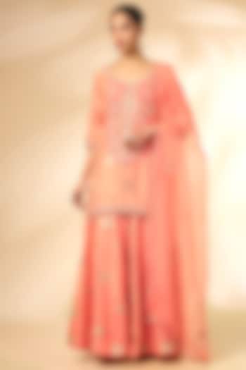 Peach Silk Brocade Wedding Sharara Set by Shyam Narayan Prasad at Pernia's Pop Up Shop