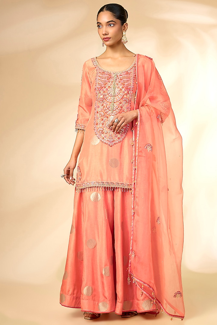 Peach Silk Brocade Wedding Sharara Set by Shyam Narayan Prasad at Pernia's Pop Up Shop