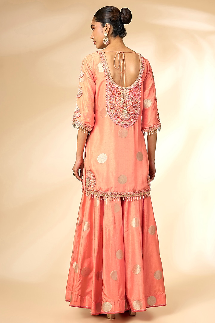 Peach Silk Brocade Wedding Sharara Set by Shyam Narayan Prasad at Pernia's Pop Up Shop