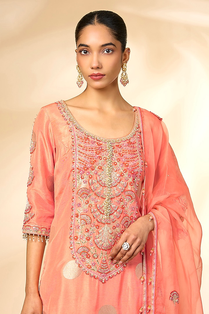 Peach Silk Brocade Wedding Sharara Set by Shyam Narayan Prasad at Pernia's Pop Up Shop