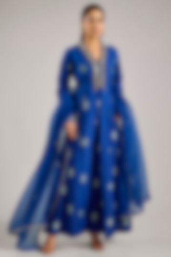 Royal Blue Silk Brocade Silk Zardosi Hand Embroidered Party Wear Anarkali Set by Shyam Narayan Prasad at Pernia's Pop Up Shop