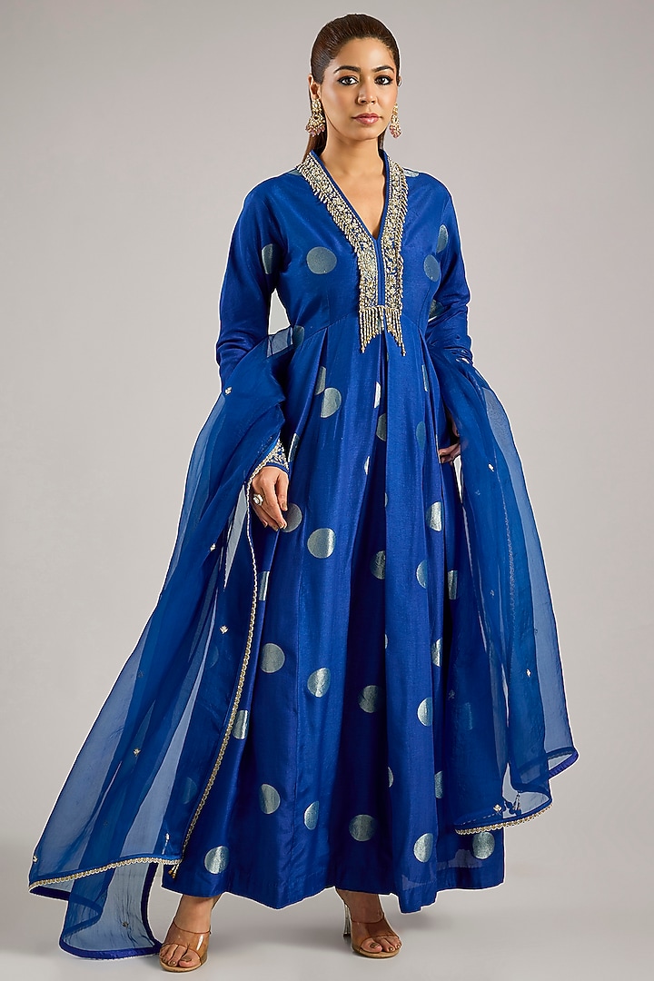 Royal Blue Silk Brocade Silk Zardosi Hand Embroidered Party Wear Anarkali Set by Shyam Narayan Prasad at Pernia's Pop Up Shop
