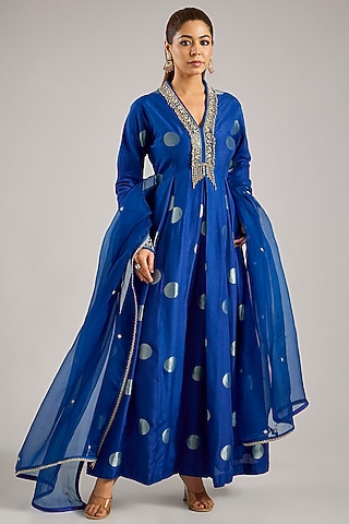 Royal Blue Silk Brocade Silk Zardosi Hand Embroidered Anarkali Set by Shyam Narayan Prasad