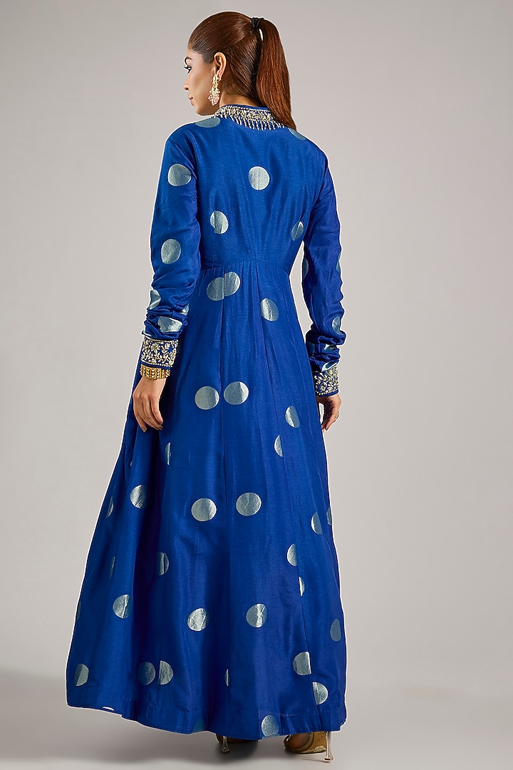 Royal Blue Silk Brocade Silk Zardosi Hand Embroidered Party Wear Anarkali Set by Shyam Narayan Prasad at Pernia's Pop Up Shop