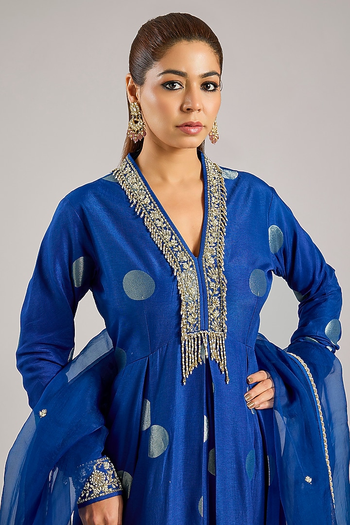 Royal Blue Silk Brocade Silk Zardosi Hand Embroidered Party Wear Anarkali Set by Shyam Narayan Prasad at Pernia's Pop Up Shop