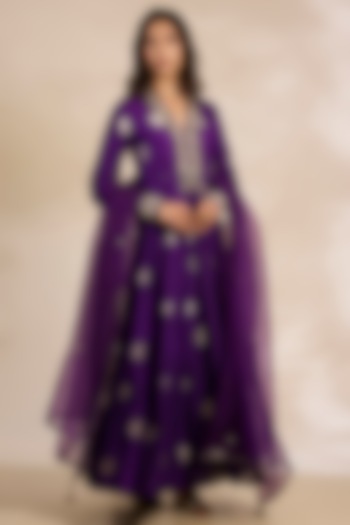 Purple Silk Brocade Party Wear Anarkali Set by Shyam Narayan Prasad at Pernia's Pop Up Shop
