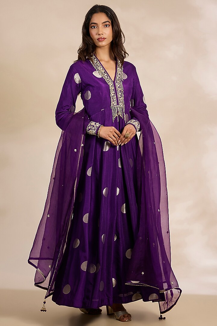 Purple Silk Brocade Party Wear Anarkali Set by Shyam Narayan Prasad at Pernia's Pop Up Shop