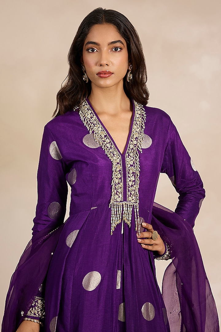 Purple Silk Brocade Party Wear Anarkali Set by Shyam Narayan Prasad at Pernia's Pop Up Shop