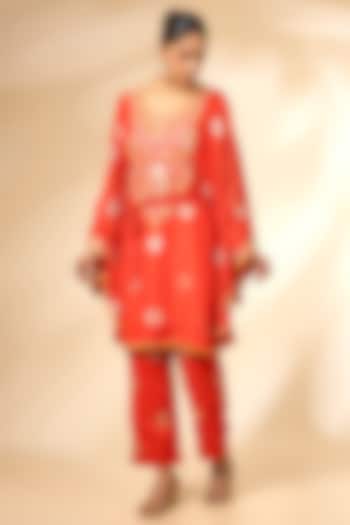 Hot Coral Red Silk Brocade Kaftan Set by Shyam Narayan Prasad at Pernia's Pop Up Shop