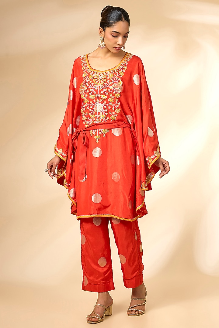 Hot Coral Red Silk Brocade Kaftan Set by Shyam Narayan Prasad at Pernia's Pop Up Shop