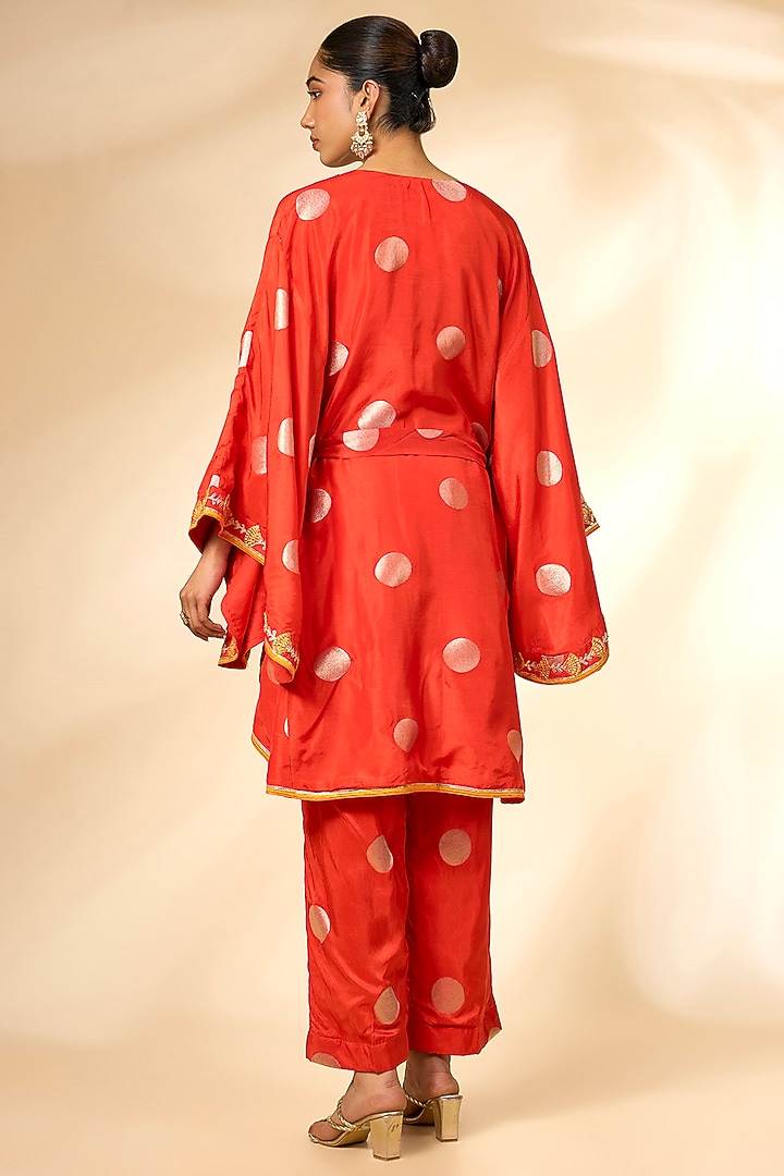 Hot Coral Red Silk Brocade Kaftan Set by Shyam Narayan Prasad at Pernia's Pop Up Shop