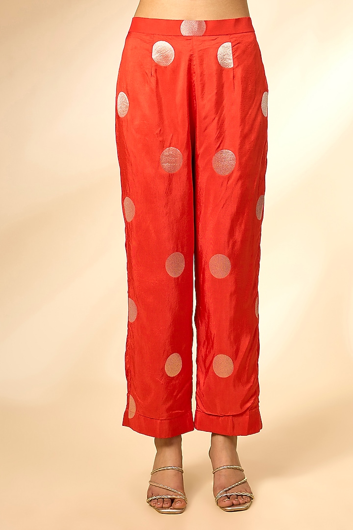 Hot Coral Red Silk Brocade Kaftan Set by Shyam Narayan Prasad at Pernia's Pop Up Shop