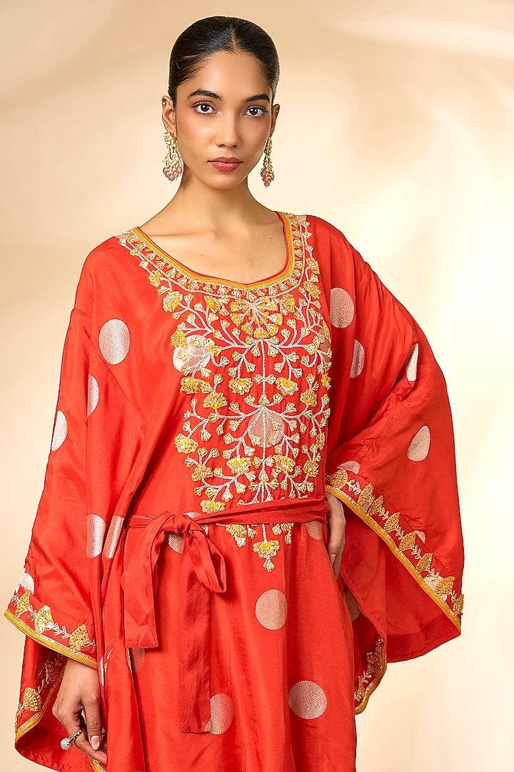 Hot Coral Red Silk Brocade Kaftan Set by Shyam Narayan Prasad at Pernia's Pop Up Shop