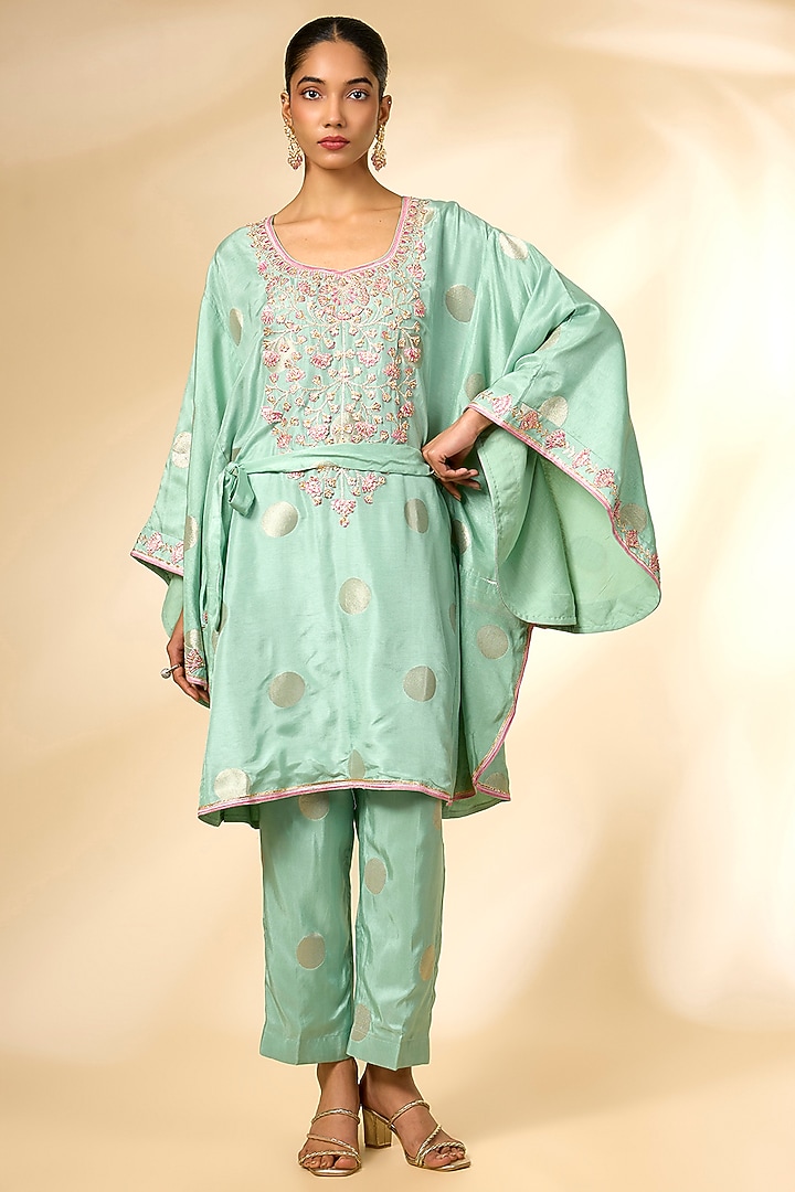 Bay Green Silk Brocade Kaftan Set by Shyam Narayan Prasad at Pernia's Pop Up Shop