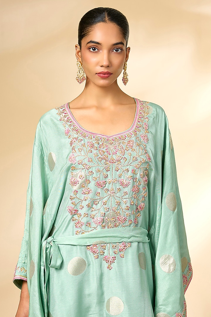 Bay Green Silk Brocade Kaftan Set by Shyam Narayan Prasad at Pernia's Pop Up Shop