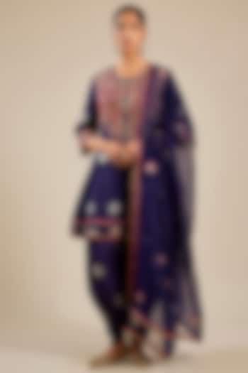 Midnight Blue Silk Brocade Dhoti Set by Shyam Narayan Prasad at Pernia's Pop Up Shop