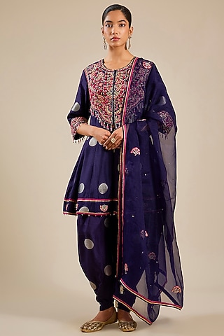 Midnight Blue Silk Brocade Dhoti Set by Shyam Narayan Prasad