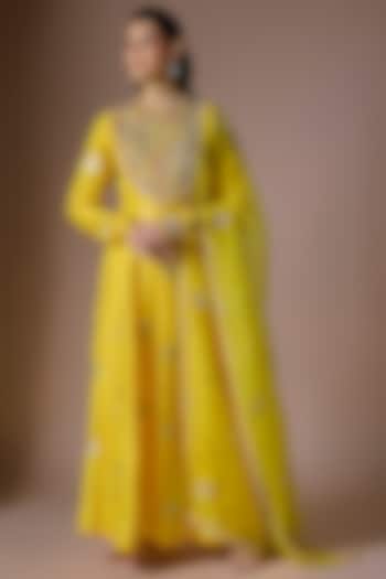 Yellow Silk Brocade Zardosi Hand Embroidered Wedding Anarkali Set by Shyam Narayan Prasad at Pernia's Pop Up Shop